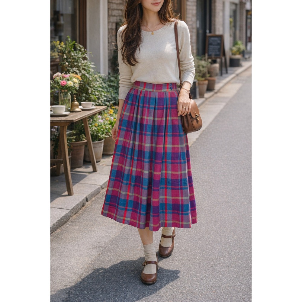 Vtg Michelle Stuart Plaid‎ Wool Midi Skirt Made in Italy Size 6 Small